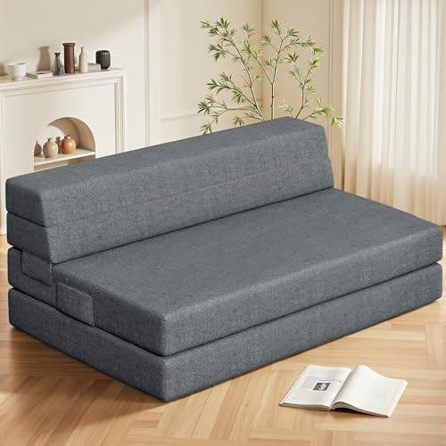 Youzi Folding Sofa Bed Queen, 6 Inches Foam Floor Sofa and Folding Mattress with Washable Cover, Fold Out Couch for Guests, Camping and Travel, Dark Gray, 80" x 60" x 6" - size: Queen