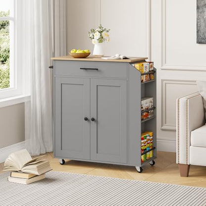 HOOBRO Kitchen Island with Power Outlet, Storage Island with Spice Rack and Drawer, Rolling Kitchen Cart on Wheels, for Home, Dining Room, Natural and Gray GN82UZD01 - color: Natural + Gray