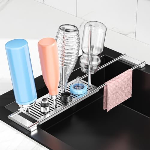 Expandable Over Sink Water Bottle Drying Rack with Dish Cloth Holder, Metal Kitchen Cup Drying Rack, Space-Saving Sink Drainer for Baby Bottles, Bottles, Dish Rags, Gloves & Reusable Bags (Silver)