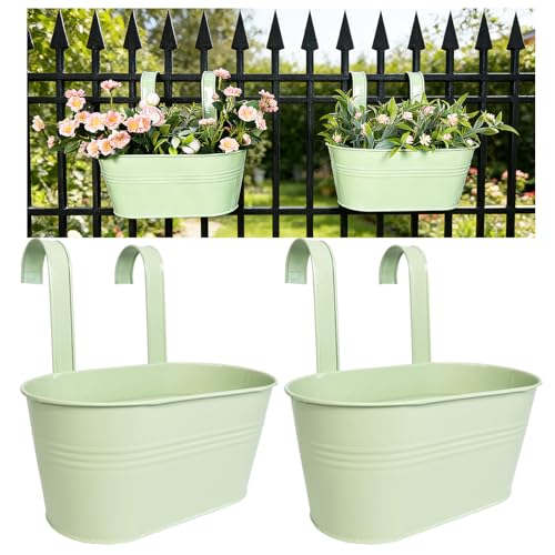 2 Pack 10" Balcony Hanging Metal Fence Planters Flower Pots, Mint Green | Removable hook, Drainage hole, Rustproof, For flowers / herbs / succulents, veggies, For railings / fences / balconies - color: Mint Green