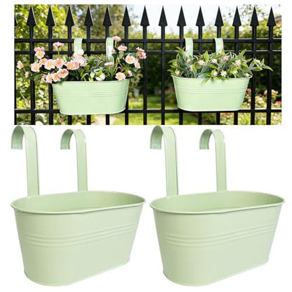 2 Pack 10" Balcony Hanging Metal Fence Planters Flower Pots, Mint Green | Removable hook, Drainage hole, Rustproof, For flowers / herbs / succulents, veggies, For railings / fences / balconies - color: Mint Green