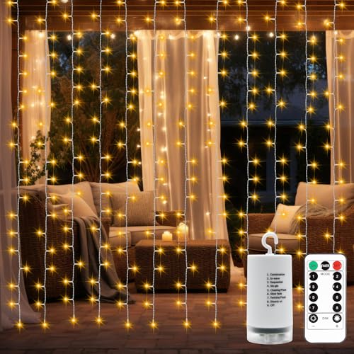 Curtain Lights Battery Operated Christmas Fairy Curtain Lights 9.8×9.8 Ft | 300 LED Battery Curtain Lights with Remote Timer Dimmable for Bedroom Wedding Backdrop Indoor Outdoor Decor, Warm White - color: Warm White