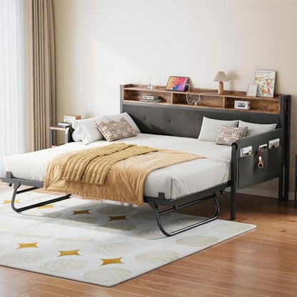 LIKIMIO Daybed with Trundle, Twin Bed Frame,Black | with Upholstered Headboard and Charging Station, Sofa Day Bed with Strong Supports for Living Room, Bedroom and Guest Room - color: Black