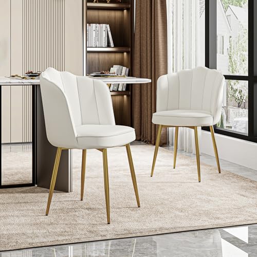 VECELO Velvet Dining Chairs Set of 2, Modern Upholstered Kitchen Chairs with Thick Cushions, Curved Padded Backrest and Metal Legs, for Kitchen, Dining Room, Living Room, White - color: White, size: Set of 2