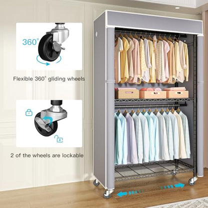Black Clothing Rack with Grey Cover, P1C Rolling Closets | Metal Garment Rack for Hanging Clothes, Clothing Storage Wardrobe, with Wheels - color: Black Rack With Grey Cover