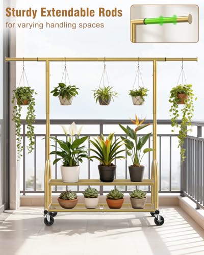 Heavy Duty Clothes Rack for Hanging Clothes Load 556 LBS, Height Adjustable Rolling Clothing Racks, Portable Metal Coat Rack Garment Wardrobe with Wheels and Shelves for Bedroom Laundry, Gold - color: Gold, style: 2 Shelves
