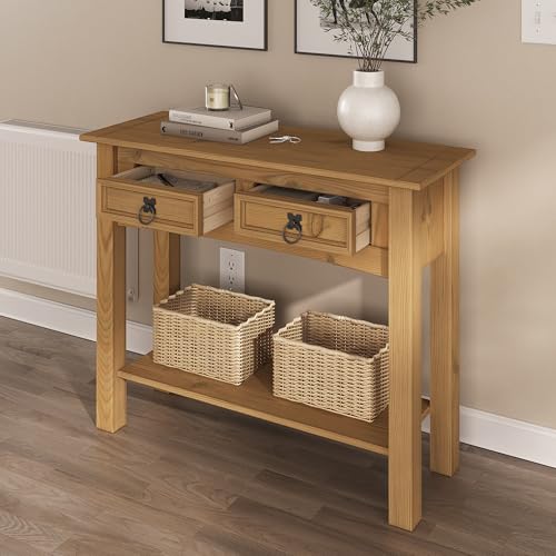 Solid Wood Console Table Corona with 2 Drawers 34.49" W, 12.64" D, 28.82" H - Farmhouse Entryway Table with Storage Shelf, Tables for Living Room, Hallway Foyer for Office & Bedroom - color: Brown