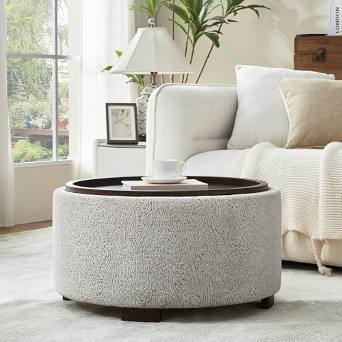 Zihanhome 30 Inch Round Storage Ottoman, Ottoman Coffee Table with Lift Off Lid, Boucle Modern Ottomans with Storage for Living Room, Bedroom, Apartments (White and Gray Striped) - color: White and Gray Striped