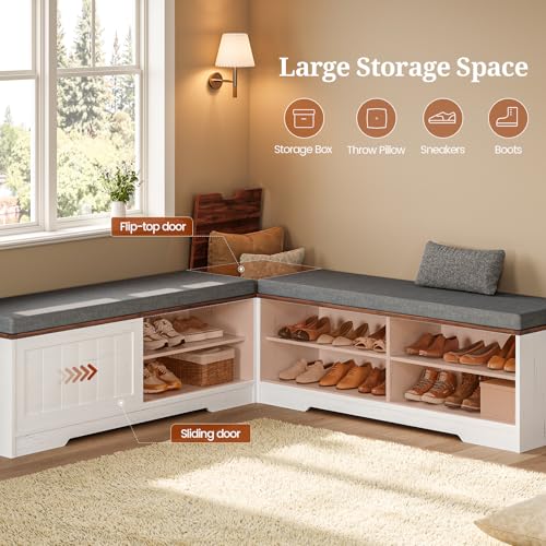 Farmhouse L Shaped Corner Shoe Storage Bench with Cushion Entryway Shoe Rack with Slide Barn Doors, Adjustable Shelf and 1 Cabinet for Entryway Dining Room, Kitchen, Bedroom (White-Brown)