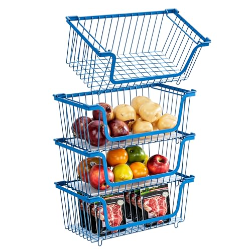 4 Pcs Stackable Wire Baskets for Pantry Organizers and Storage,blue, | Vegetable Fruit Basket for Countertop,Kitchen Storage Metal Baskets,Produce Potato Onion Storage Bin, - color: 1-blue