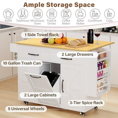 YESHOMY Kitchen Island on Wheels with Trash Cabinet, 56" Mobile Cart with Drop Leaf and Drawers, Rolling Portable Table with Spice Rack & Towel Holder for Dining Room, White & Brown - color: White & Brown