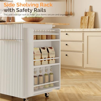 VINGLI Fluted Large Kitchen Island Cart with 2 Draws & 4 Doors, White | Drop-leaf Toptable, Adjuestable Shelves, Towel Bar, 3-tier Side Storage Rack, 360° Rolling Design - size: 32.7"