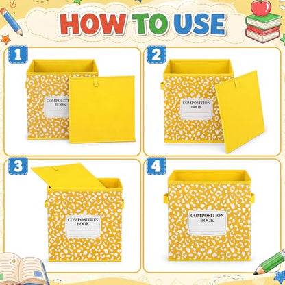 Crtiin 6 Pcs 11in Composition Book Classroom Fabric Storage Bins Cube Classroom Cubby Baskets with Handles Collapsible Bins for School Daycare Elementary Preschool Home Office (Composition Book) - style: Composition Book