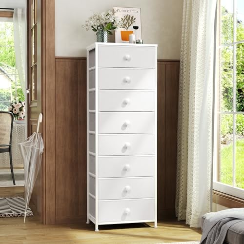 Fabric Dresser for Bedroom, 8 Drawer Tall Vertical Skinny Tower (White) | Wooden Top, Steel Frame, Easy Pull Bin,Organizer Unit for Living Room, Hallway, Entryway, Nursery, Closets - color: White, style: Narrow-8 Drawers