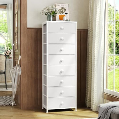 Fabric Dresser for Bedroom, 8 Drawer Tall Vertical Skinny Tower (White) | Wooden Top, Steel Frame, Easy Pull Bin,Organizer Unit for Living Room, Hallway, Entryway, Nursery, Closets - color: White, style: Narrow-8 Drawers