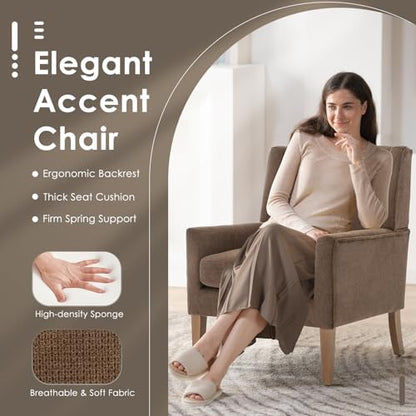 COLAMY Modern Wingback Living Room Chair, Upholstered Fabric Accent Armchair, Single Sofa Chair with Lounge Seat and Wood Legs for Bedroom/Office/Reading Spaces, Brown - color: Brown, size: Set of 1