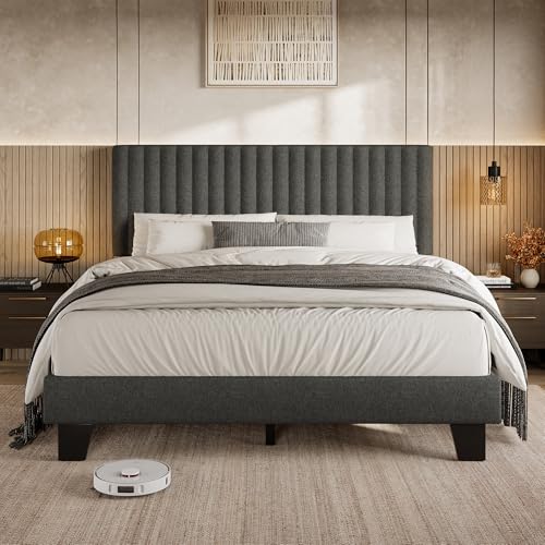 Einhomn Full Size Bed Frame with Headboard, Upholstered Linen Platform Bedframe with Solid Wooden Slats, Noise-Free, No Box Spring Needed, Easy Assembly, Dark Grey - color: Dark Grey, size: Full