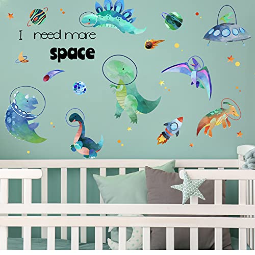 Yovkky Boys Space Dinosaurs Astronauts Wall Decal, Funny Peel Stick Dino | Animal Planet Stickers Nursery Spaceship Rocket Decor, Home Baby Room Decorations Kids Bedroom Playroom Art Party Supply Gift - color: Colorful Dinosaur