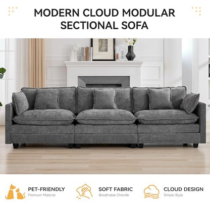 111'' Sectional Cloud Deep Seat Couch, Modern Comfy Chenille Modular Sectional Sofa for Living Room Set, Upholstered Modular 3-Seats Sofa Couch, Grey - color: Grey, size: 111'' 3 Seats