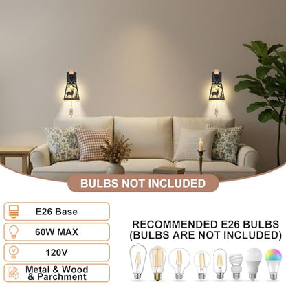 Plug in Wall Light,Deer Matte Metal Rustic Wall Sconces,1 Pack Farmhouse Yellow Parchment Paper Shades Plug in Sconce with Wood Arm,E26 Base Light for Bedside,Living Room,Bedroom,Hallway - color: Deer-Yellow
