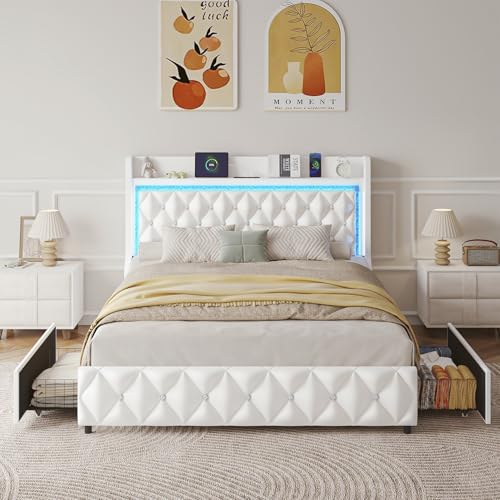 Queen Bed Frame with LED Lights & Charging Station, Upholstered Bed Frame Queen Size with Storage Headboard & 2 Drawers, Diamond Tufted, Curved Wingback, PU Leather, No Box Spring Needed, White - color: White, size: Queen