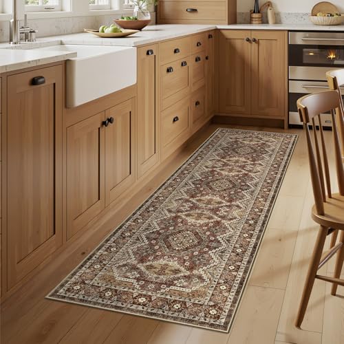 Rugland 2'6x8' Runner Rug, TPR07-Rust, Vintage Tribal, Stain Resistant, Anti-Slip Backing, Machine Washable, Low Pile, Indoor, Rug | Low Pile, Soft & Lighweight, Folable, Stain Resistant Tribal 2.5x8ft Carpet Runners for Entryway,Kitchen,Living Room,Bedro