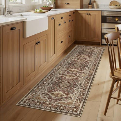 Rugland 2'6x8' Runner Rug, TPR07-Rust, Vintage Tribal, Stain Resistant, Anti-Slip Backing, Machine Washable, Low Pile, Indoor, Rug | Low Pile, Soft & Lighweight, Folable, Stain Resistant Tribal 2.5x8ft Carpet Runners for Entryway,Kitchen,Living Room,Bedro