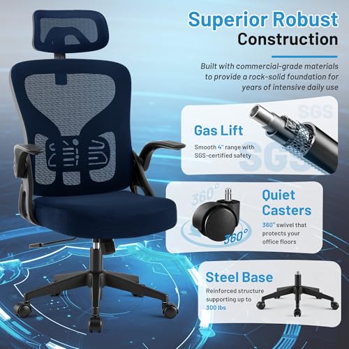 Office Chair Ergonomic Desk Chair with Adjustable Headrest Lumbar Support, High Back Breathable Mesh Chair with 120° Tilt & Flip-Up Armrests, Swivel Comfy Task Computer Chair for Work, Study - color: Navy