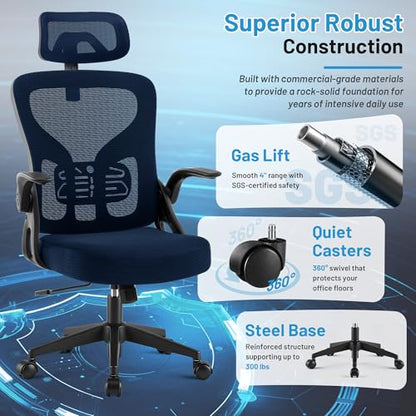 Office Chair Ergonomic Desk Chair with Adjustable Headrest Lumbar Support, High Back Breathable Mesh Chair with 120° Tilt & Flip-Up Armrests, Swivel Comfy Task Computer Chair for Work, Study - color: Navy