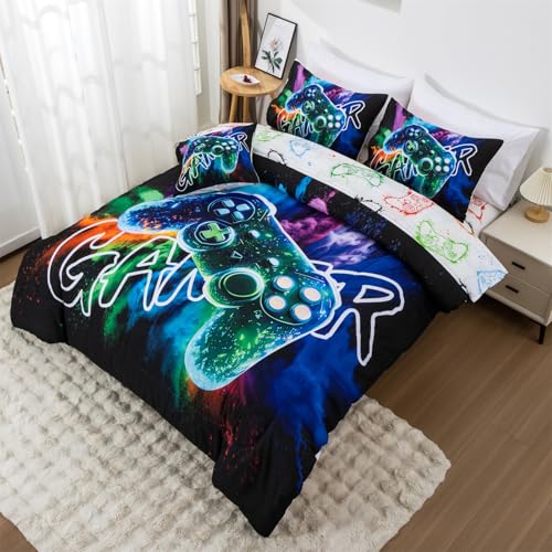 Aimuan Gamer Gaming Bedding Sets 3D Gamepad Comforter Sets for Boys Games Console Action Buttons Novelty Colorful Game Controller Modern Room Decor Home Quilt Set (Black-Green, Queen 6Pcs) - color: Black-green, size: Queen(6Pcs)