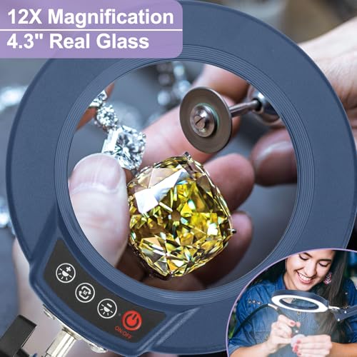 12X Magnifying Glass with Light and Clamp, Real Glass Lens Lighted Magnifier with Stand, 5 Color Modes LED Dimmable Magnifying Desk Lamp Hands Free for Crafts Painting Sewing Close Work - Blue - color: Blue, size: 12X 17.8inch Clamp