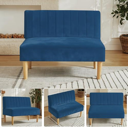 42" Velvet Armless Loveseat Settee, Mini Two-Seater Couch with Channel-Tufted Back, Solid Wood Legs, Compact Bench with Back for Small Apartment, Kitchen Nook & Entryway, Easy Assembly (Blue)
