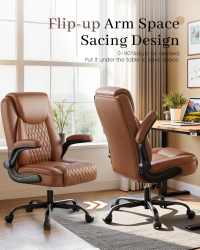COMHOMA Mid-Back Office Chair, Ergonomic PU Desk Chair with Flip up Arms, Small Computer Gaming with Comfy Lumbar Support,Rocking Function,Sturdy Metal Base, Brown - color: Brown