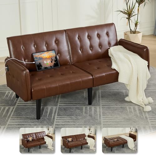 65'' Convertible Futon Sofa Bed with USB, Small Couch for Living Room | Sleeper Sofa and Loveseat, Adjustable Folding Couch with Tufted Design and 2 USB Ports, Bedroom Apartment Office, Brown - color: Brown