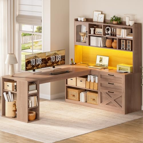 SEDETA 61" L Shaped Office Desk with Drawers and Storage, Light Brown | Computer Desk with Storage Shelves and Power Outlet, Corner Gaming Desk with LED Light and Display Cabinet for Home Office - color: Brown, size: L Shaped Desk