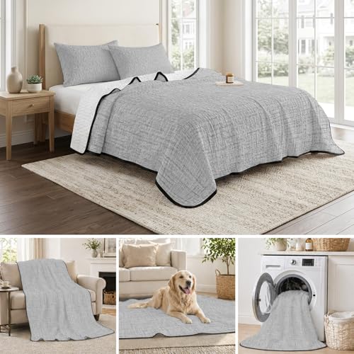 Modern Minimalist Gray Queen Quilt Bedding Set,Summer Quilt Lightweight Quilted Coverlet with 2 Pillow Shams, Country Linen Style 3-Piece Bedspread Quilt Set for All Season - size: Queen