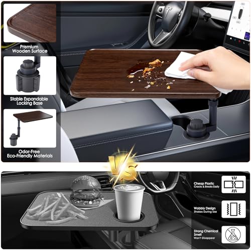 Car Desk for Laptop, 360° Swivel, Height Adjustable Wood-Grain Tray | Tool-free install, fits 2.8"-3.9" cup holders. Scratch-resistant wood-grain finish. For laptop work, dining, or passenger use