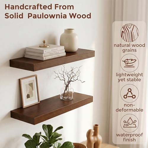 fuqing 20 Inch Floating Shelves 6.7'' Deep Dark Wood Wall Shelves Set of 2 | 20'' x 6.7'' x 1.4'' Rustic Wood Shelves for Bathroom, Living Room, 35LBS, Lightweight, Hardware Included, Waterproof Finish - color: Walnut, size: 20 Inch