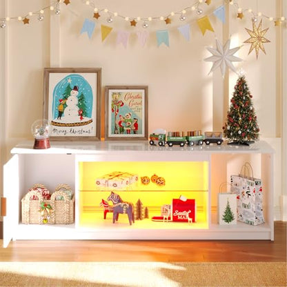 Bestier Glossy Fluted TV Stand for 65 Inch TV, Gaming LED Entertainment Center with Cabinet for PS5 Xbox, TV Console with Adjustable Glass Shelves for Living Room Bedroom, Bright White - color: Bright White