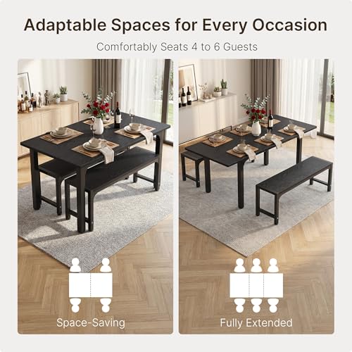 63“ Extendable Dining Table Set with 180° Smart-Flip Pivot, Black | Dining Table Set for 4,Kitchen Table with Bench,Small Dining Table,Perfect for Small Space,Dinner Room Table Set for 6 - color: Black