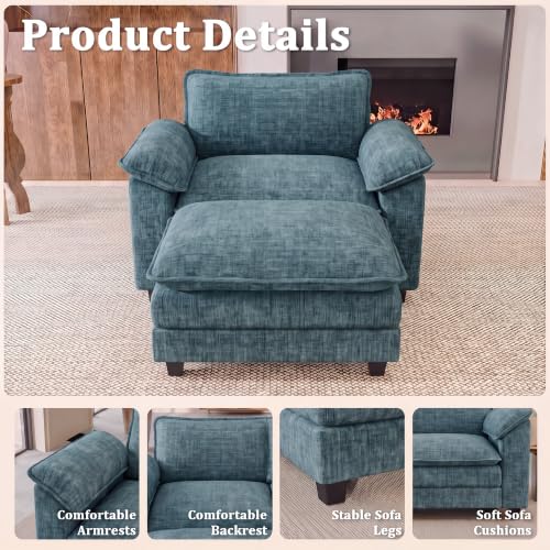 JUMMICO 40" Chaise Lounge Chair with Ottoman, Single Sofa Chair, Dark Blue | Comfy Chenille, Double Layer Cushion, Wide Armrest, Deep Seat, High-Density Foam, Reading Chair for Living Room - color: Dark Blue, size: Single Sofa Chair