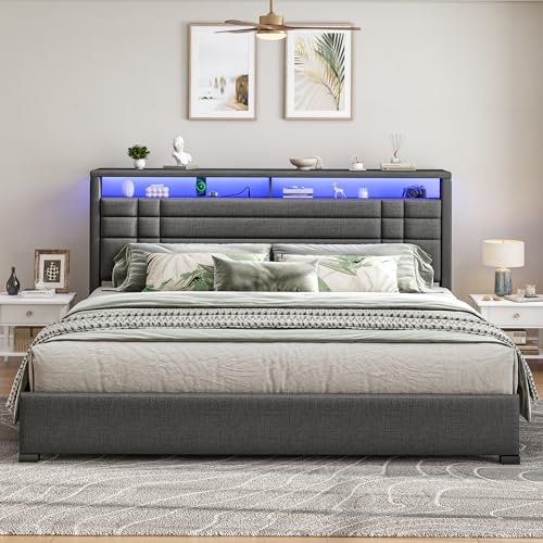 EnHomee King Upholstered Bed Frame with Charge Station & LED Lights, Grey | 2-Tier Shelves Headboard, 12" Under-Bed Storage Space, Noise-Free, No Box Spring Needed, Easy Assembly - color: Grey, size: King (U.S. Standard)