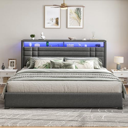 EnHomee King Upholstered Bed Frame with Charge Station & LED Lights, Grey | 2-Tier Shelves Headboard, 12" Under-Bed Storage Space, Noise-Free, No Box Spring Needed, Easy Assembly - color: Grey, size: King (U.S. Standard)