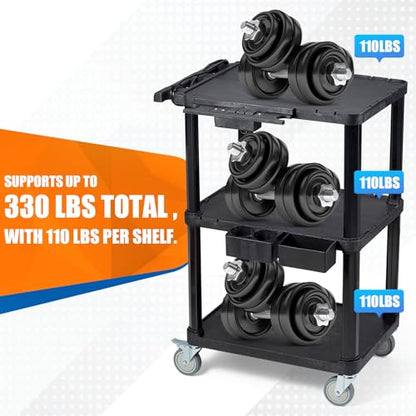 3-Tier Heavy Duty AV Cart with Power Strip, 27.5 x 18.25 in | 330 lbs Capacity, Flat Top Shelves, Industrial Rolling Cart, Swivel Wheels, AV Equipment Stand, Work Cart, Organizer - style: With Power Strip