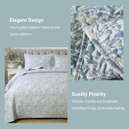 DURLENGEN Botanical Quilt Set King Size 3Pcs, Bluish Grey Printed with Beige Leaves Pattern,Soft Polyester Lightweight Bedspread for All Season Layering(King 106x96,Beige Botanical) - color: Beige Botanical, size: King(106" x 96")