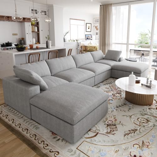 161" Cloud Modular Sofa, Convertible Modular U-Shaped Couch with Storage Ottoman, Cotton Linen Fabric Sofa for Living Room, Apartment and Bedroom, Removable Covers, 2 Pillows, Grey - color: Grey, size: U-Shape