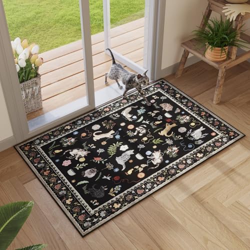 Rugcomf Door Mat Indoor Entrance 2x3 Rug Machine Washable Boho Floral Animal Cat Small Area Rug Non-Slip Low Pile Throw Rugs for Entryway Kitchen Front Door Indoor Entrance Entry Kids Room, Black - color: Black/Cat, size: 2' x 3' (Rectangular)