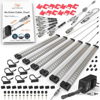 EBD Under Cabinet Lighting Plug in or Hardwired, 6 Pcs 12 Inch, No Messy Wires Built-in Adjustable Cable LED Light 6500K 2700Lm, 5 Cables Y Splitter Neat Counter Lights for Kitchen Shelf Home Office - size: 6-Pack 5 Cables