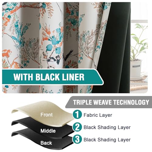 H.VERSAILTEX 꽃무늬 100% 암막 커튼 길이 160cm(63인치) 2패널 벌새 프린트 패턴 룸 다크닝 단열 커튼 침실 그로밋 창문 트리트먼트 드레이프, 틸/블랙 - color: 벌새-청록색/블랙, size: 52"W x 63"L (Pack of 2)