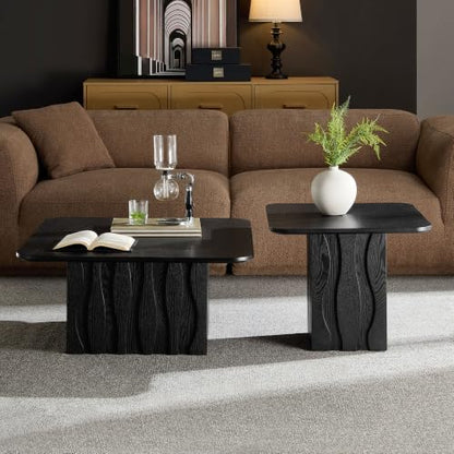 Nesting Coffee Table Set of 2 with Wavy Fluted Base, Black | 31.5" & 21.65", 2PCS Center Tables, Square Tea Table, Easy to Assemble, Mid-Century Modern, for Living Room Office - color: 31.5" & 21.65" - Black